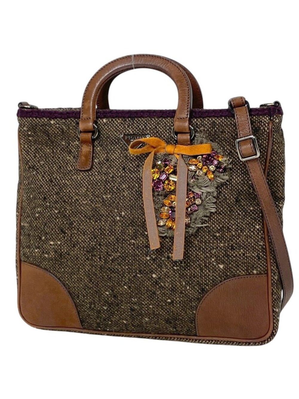 Prada Handbag 2-Way Rhinestone Fabric Brown